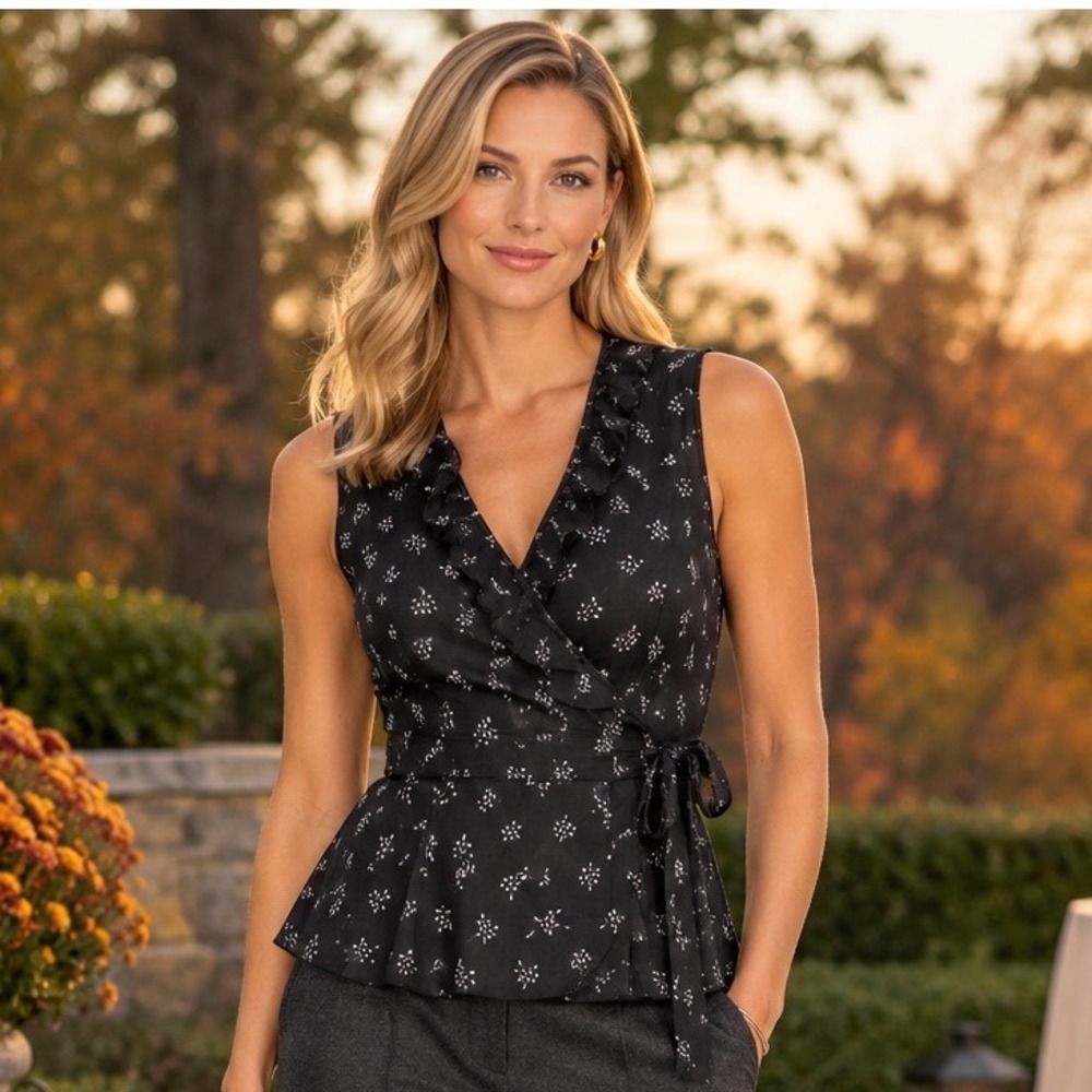Max Studio Black Floral Ruffle Wrap Peplum Tie Flowy Career Blouse Womens XS EUC
